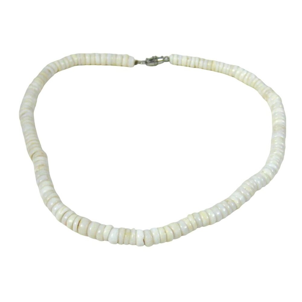 White Shell Beaded Necklace With Barrel Clasp Vintage Choker Collar 16 inch